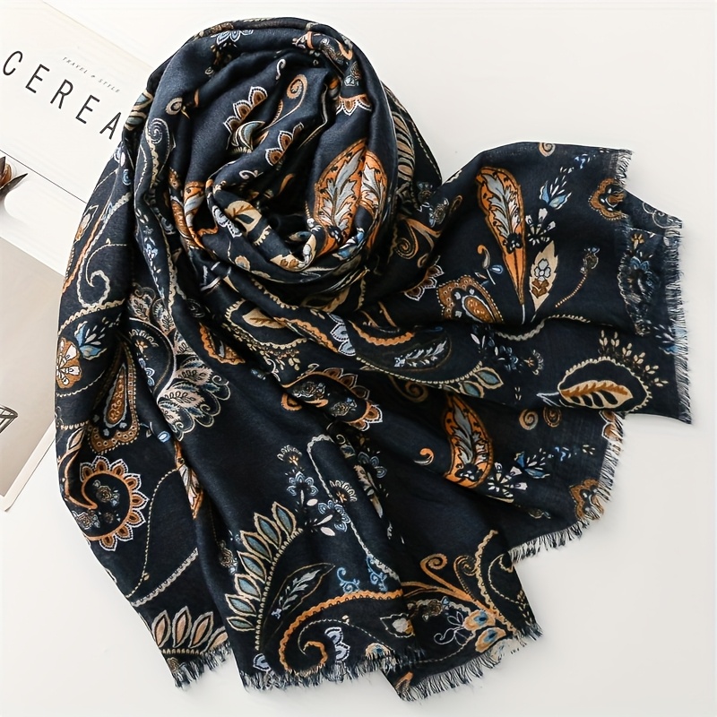 Women'S Stylish Scarf in Dark-Colored Cashew Flower with Fringed Edges, a Soft Shawl for Ladies