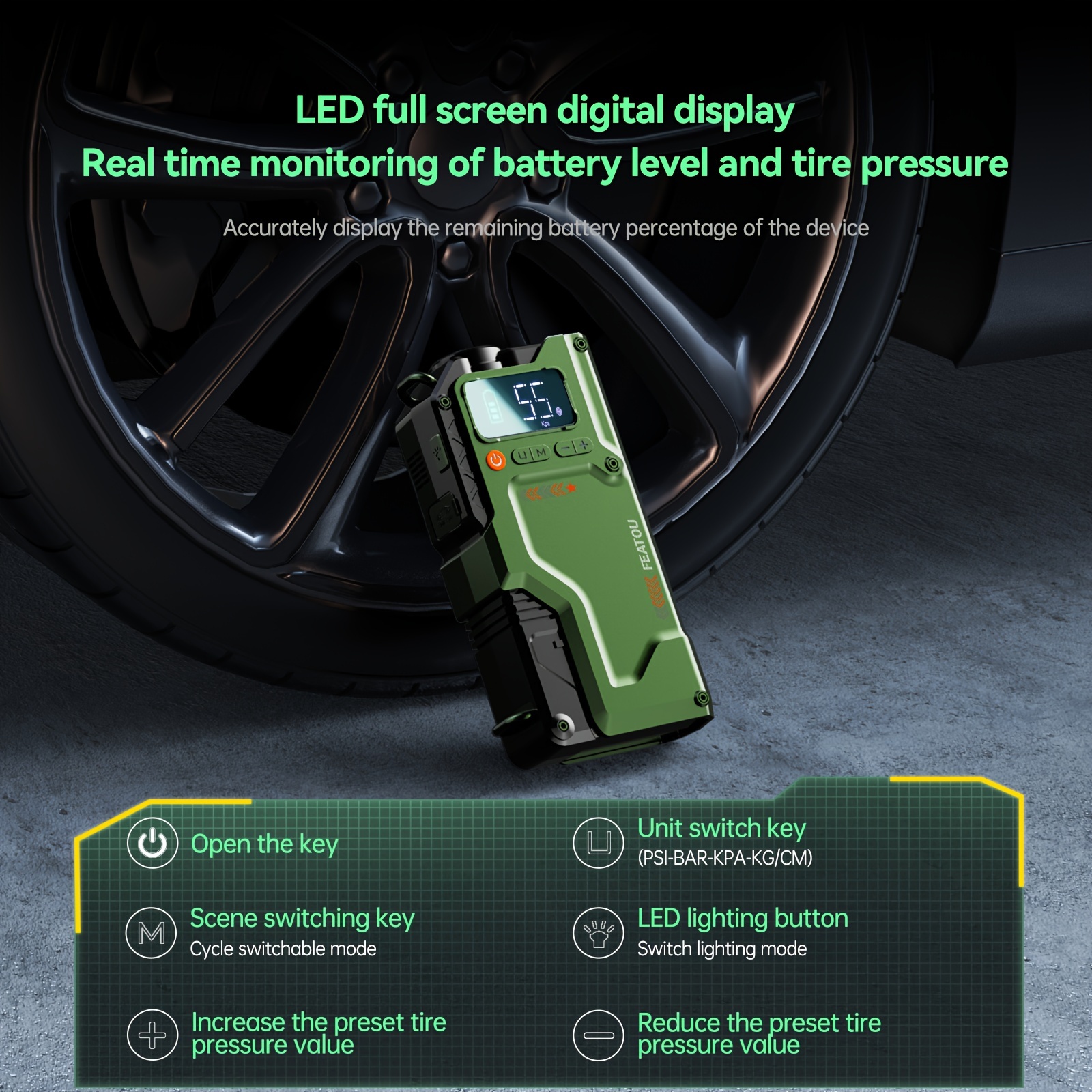 7000a jump starter with air compressor portable car jump starter 5000a 7000    pack with150psi digital tire inflator car battery charger portable for 10   or 9 0l diesel fast charging usb output led emergency lighting Product details 10