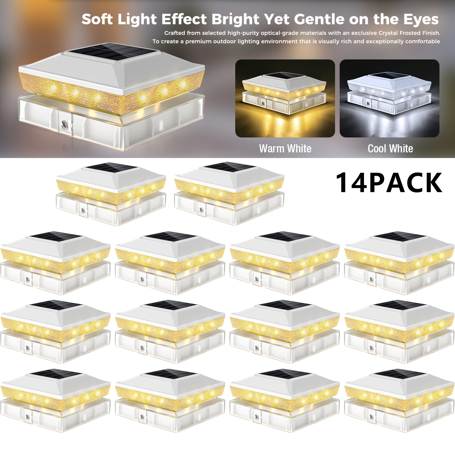 TEMU 4x4 & 3.5x3.5 Vinyl/ Light, 6/14/20 Pack Solar Post Lights, 2 Lighting (warm/cool White), Dusk To Dawn Auto , Ip65 Led Outdoor Fence & Deck