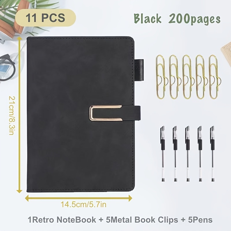 Image of 11pcs Set(including 1pc Vintage A5 Notebook+5 Metal Clips+5 Pens), 200 Pages Softcover Journals For Office, Meeting, , Ideal Gift For Back-to-school, Graduated And Mother's Day