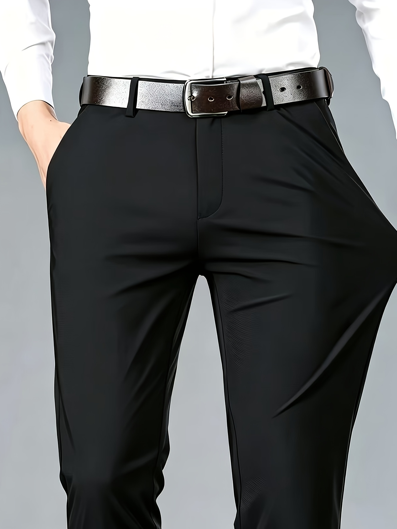 imagen del artículo pantalones de vestir elásticos de negocios profesionales para hombre con diseño bordado, pantalones de traje casuales holgados de pierna  , cómodos, transpirables y versátiles para uso de  