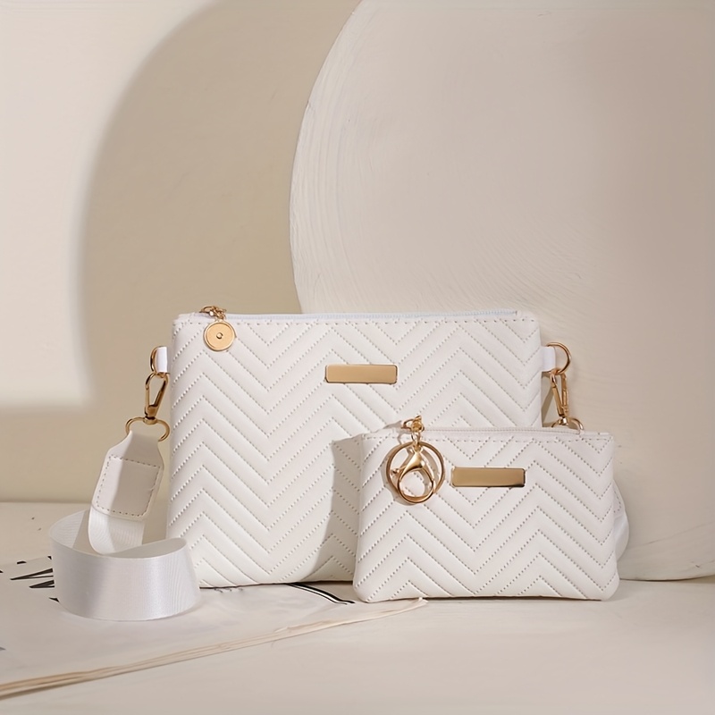 TEMU 2pcs Women's Wave Embossed Combination Bag Solid Color Shiny Hardware Crossbody Bag Ultra Simple Shoulder Bag Envelope Wallet Coin Purse Handbag With Safety Zipper And Detachable Strap