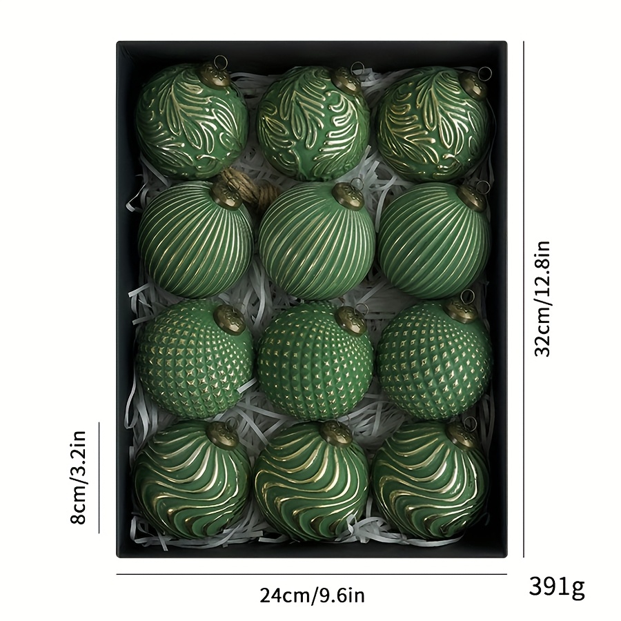 TEMU 12pcs 3.15inch Green, Golden, And Silvery Antique-style Christmas Ball Decorations Christmas Tree Decorations, Wedding Party Decorations, And