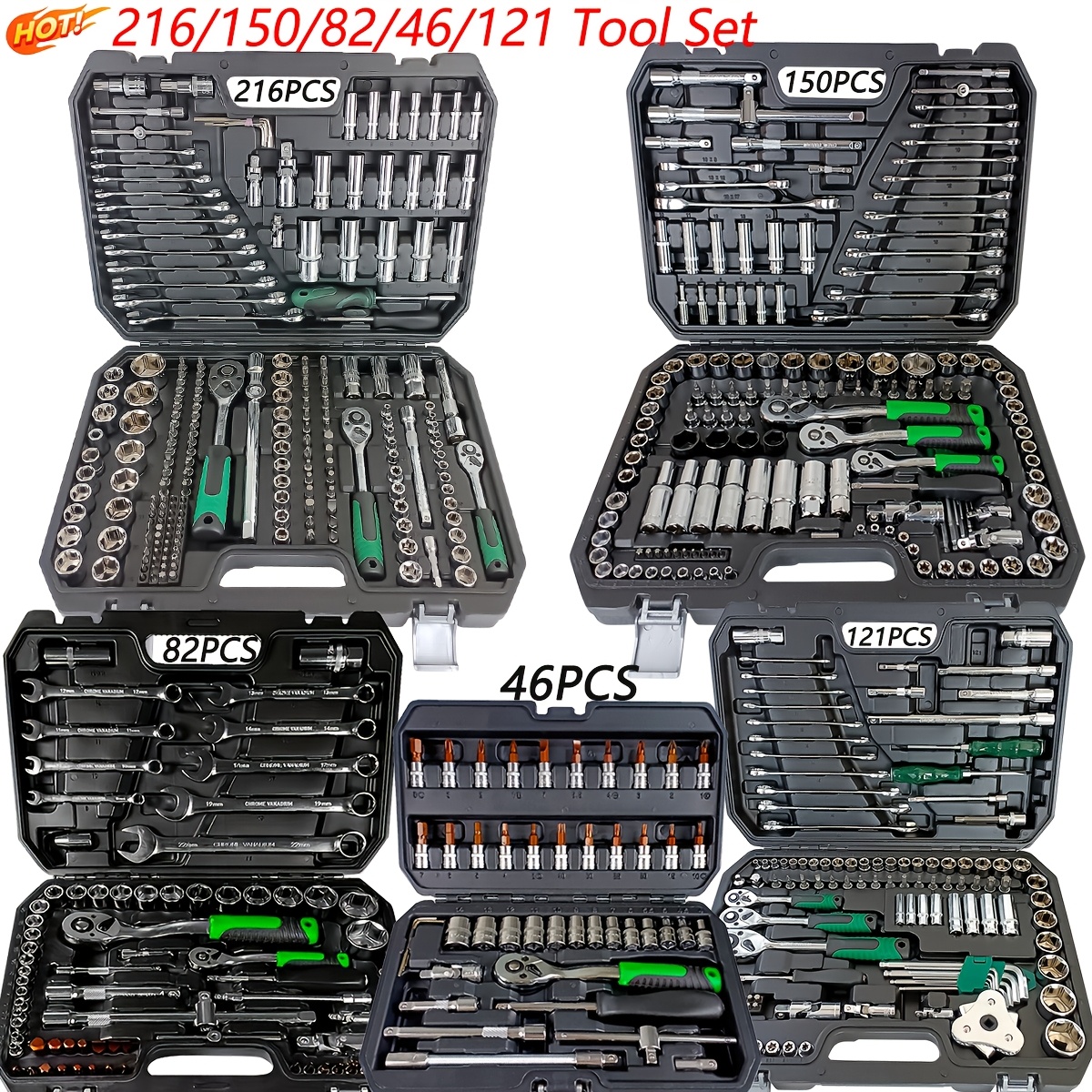 

[216pcs Steel Tool Set] 46-82-121-150-216pcs Steel Tool Set, Ratchet Wrench Kits, Tools, With Black Storage Case For Automotive & , No Required, Uncharged