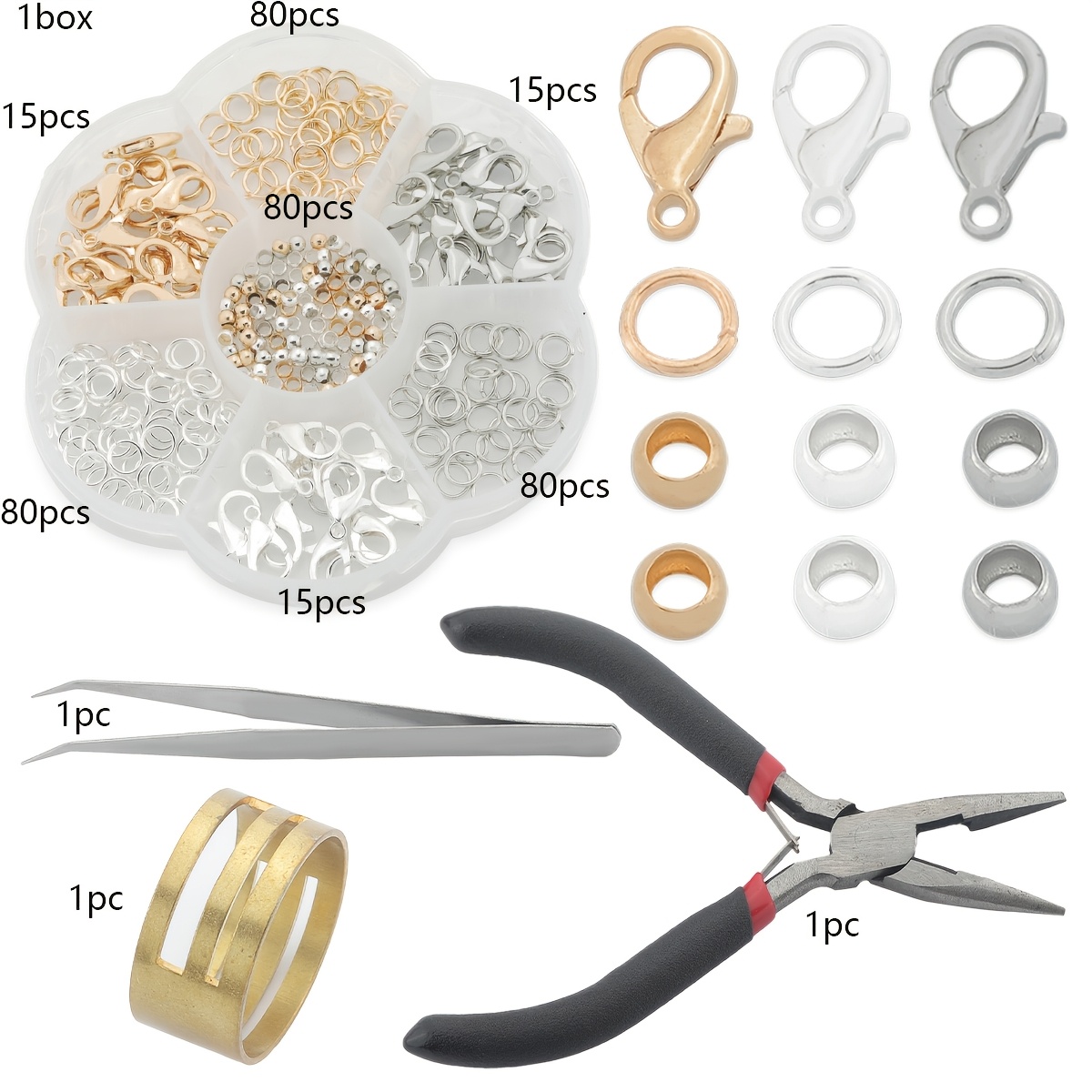 TEMU 1 Boîte de Connecteurs de Fermoirs de Bijoux Inclut 365pcs Boîte à 7 Compartiments (45pcs Fermoirs Mousqueton, 240pcs Anneaux de Jonction, 80pcs