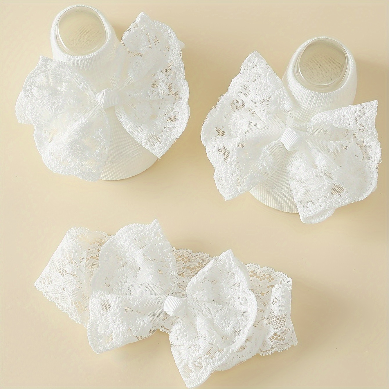 

1 Set Of Extra Large Lace Embroidered Sweet Bow Full Boat Socks + Bow Hair Tie, Suitable For , Festival, 1 Year Old Gift