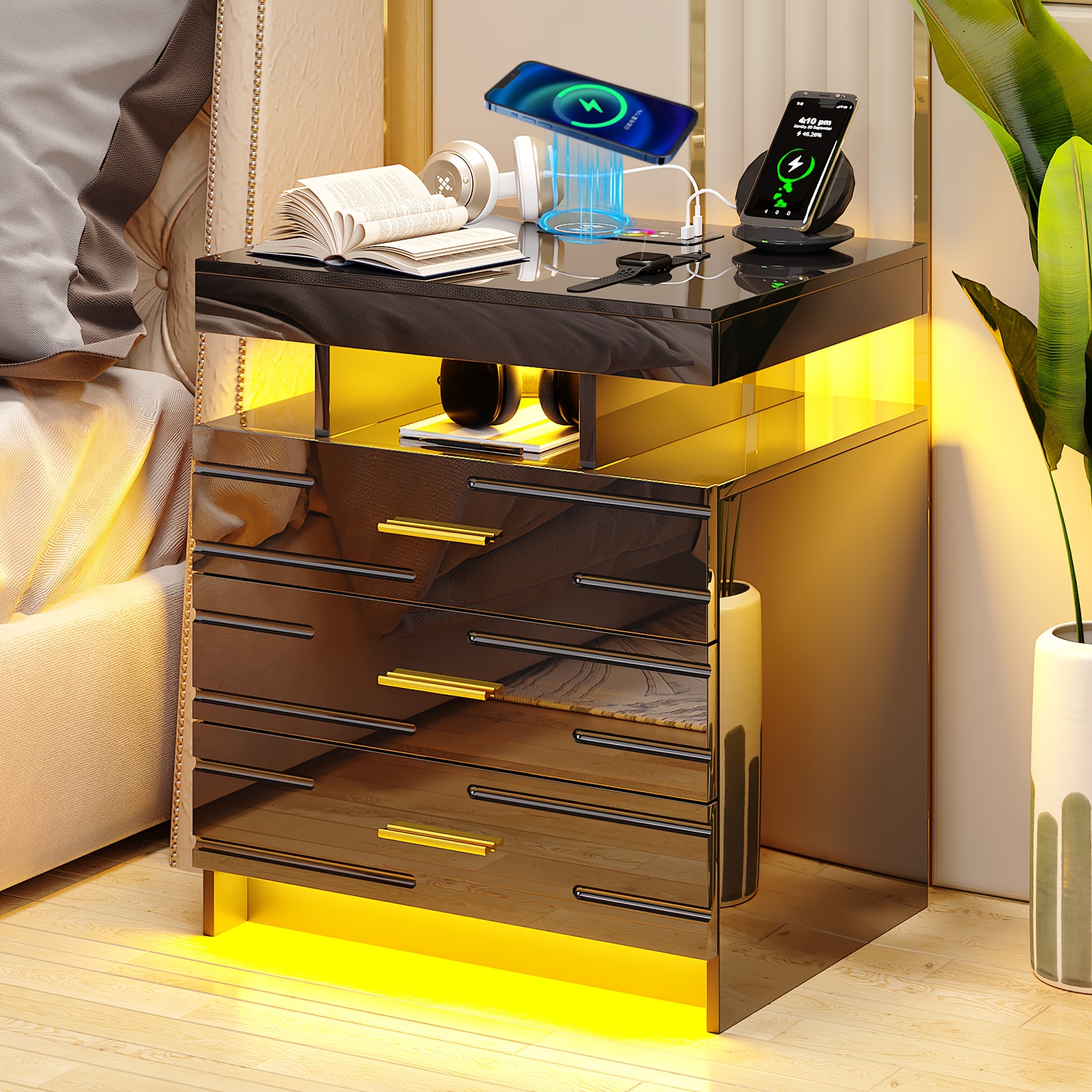 

Atuo Led Nightstand With Wireless Charging Station & Usb Ports, Modern Night Stand With 24 Color Lights, High-gloss Bedside Tables With 3 Drawers For Bedroom, Father's Day Gifts