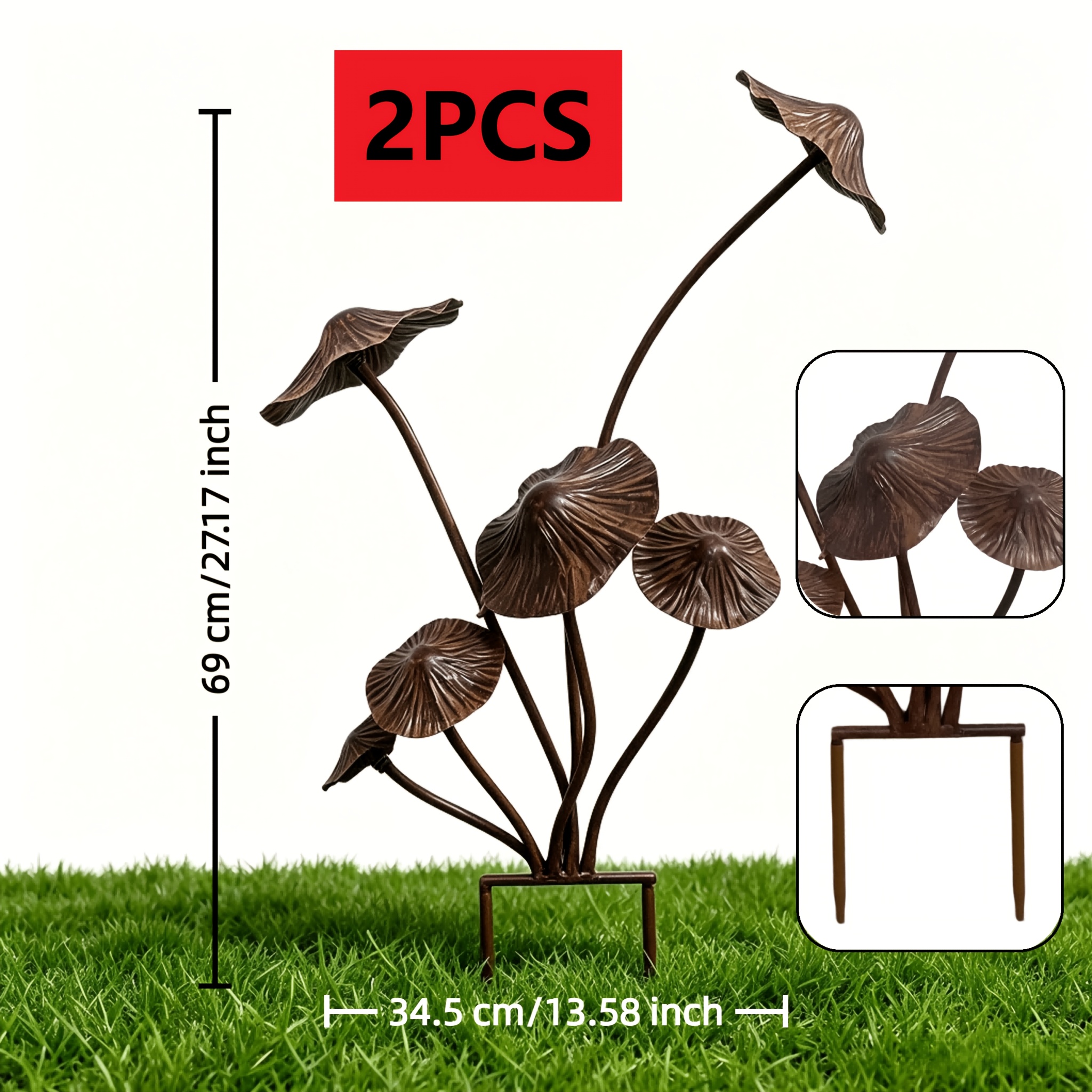 TEMU 1pc/2pcs Metal Garden Ornament - Elegant Mushroom Shape, Brown/blue, Sturdy Iron Structure For Outdoor, Courtyard Use, Perfect