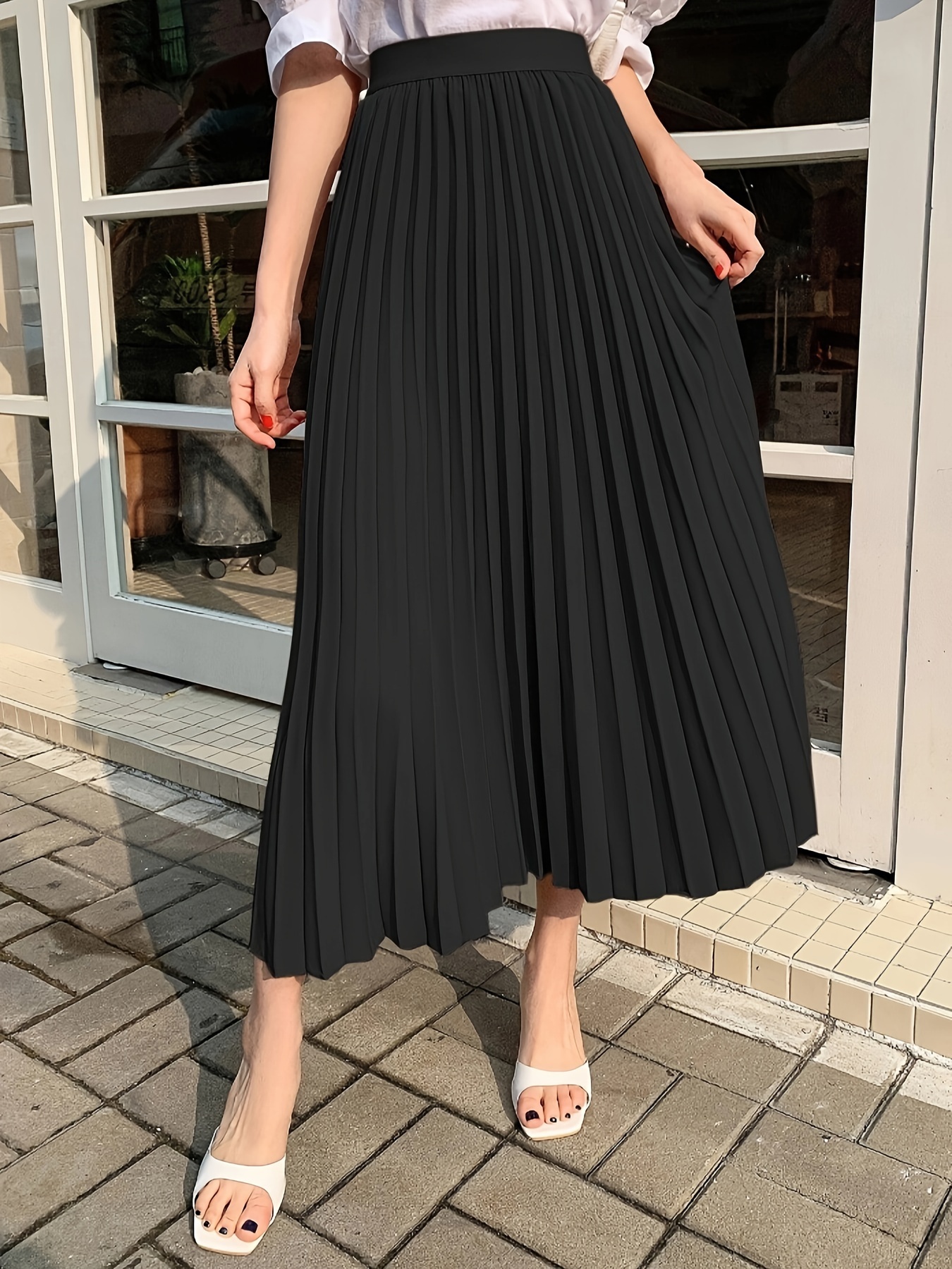 Women's High-Waisted A-Line Skirt Long Length Pleated Design, Solid  Color, Non-Stretch Fabric, Machine Washable Versatile for Casual F