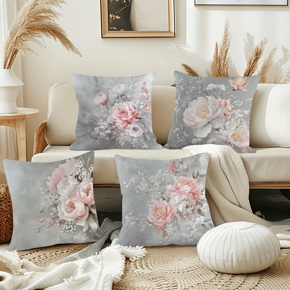 

4pcs Set Chic Cottagecore Pillow Covers - Soft Short Plush, Grey & Pink For Living Room, Bedroom, Office Decor - Machine Washable With Zip Closure, 18x18 Inches