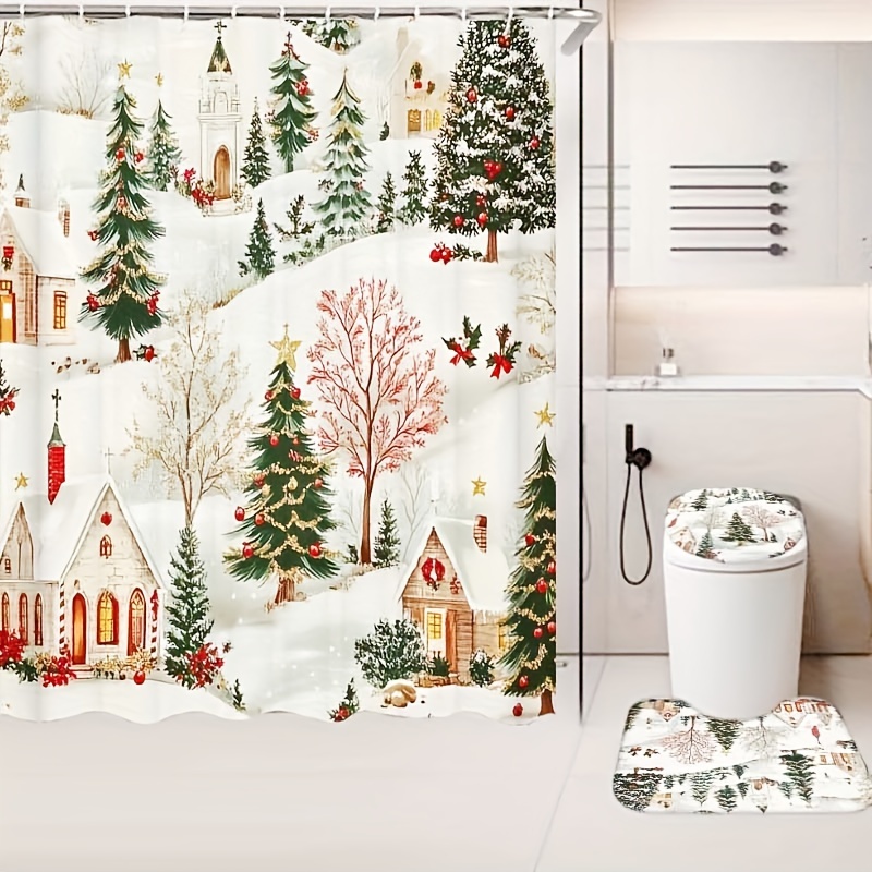 

1pc/4pcs Christmas Decoration, Christmas Pattern Shower Curtain, Shower Curtain 12 , Bathroom Rug, U-shaped Mat, Lid Mat, Bathroom Decoration, Bathroom Shower Curtain Set Christmas Decorations