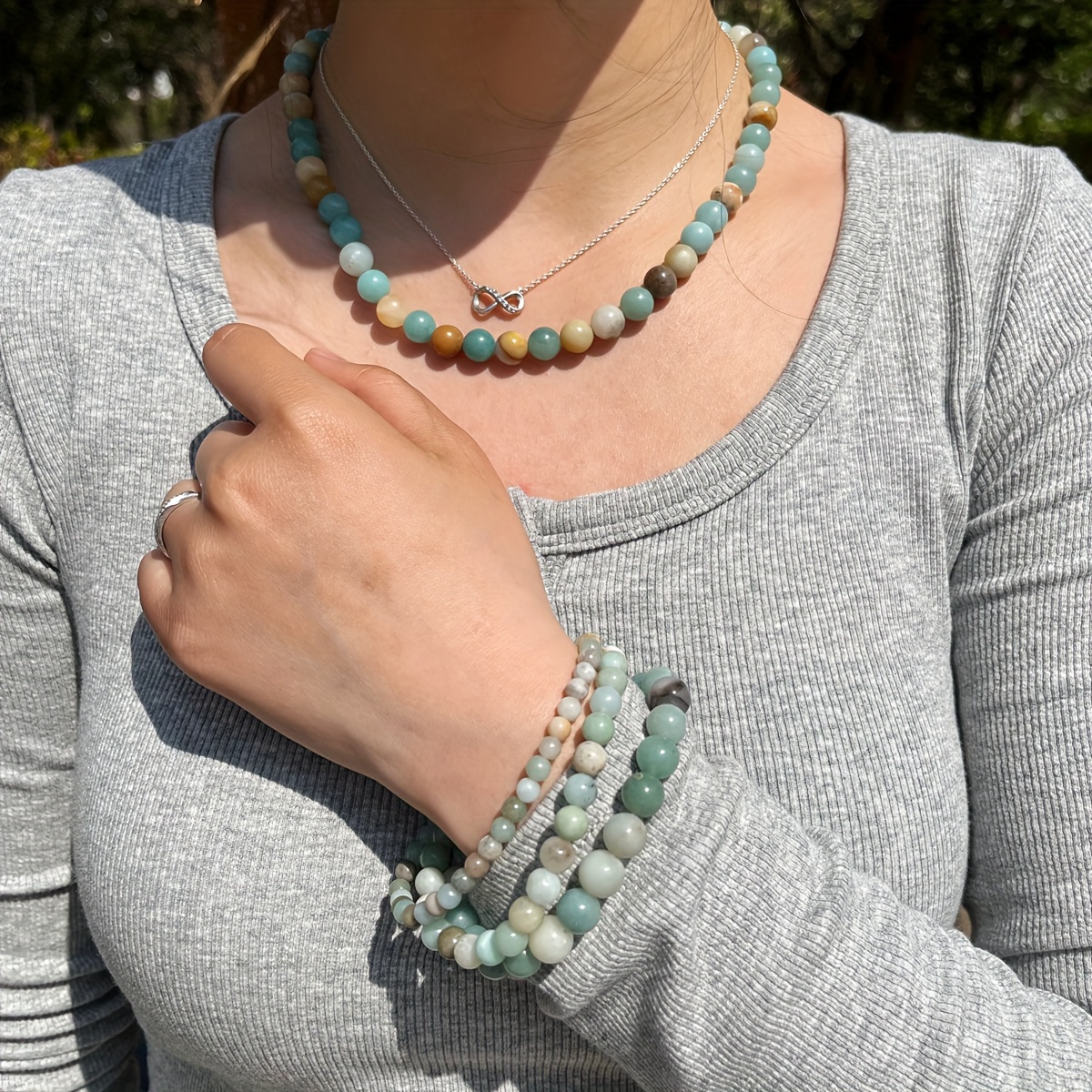 

Handcrafted Amazonite Beaded Necklace And Bracelet Set: Natural Stone Variety, Suitable For Everyday And Holiday Wear