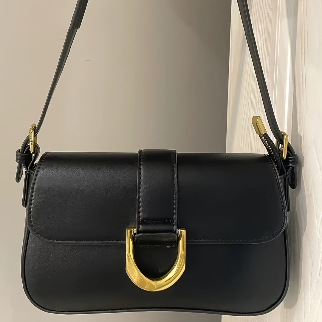 

Classic Black Shoulder Bag For Women, Vintage Style With Horseshoe Buckle, Pu Leather 2024 Versatile Fashion Accessory