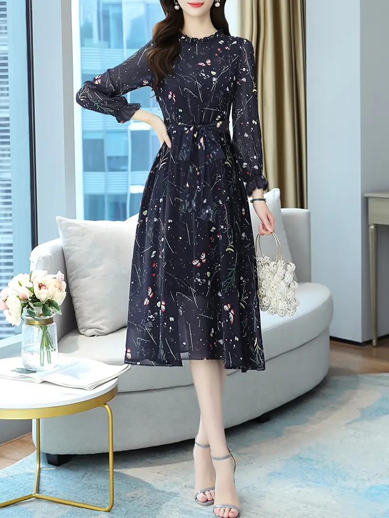 floral print collar a line dress long sleeve mesh - Temu Kuwait floral print collar a line dress long sleeve mesh - Temu Kuwait