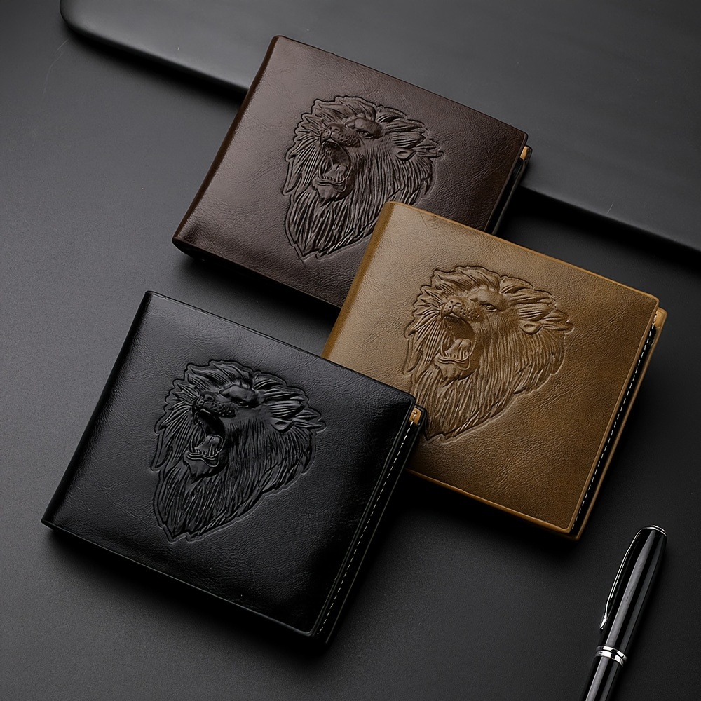DEABOLAR Cartera Elegante de Cuero Sintético Negro para Hombre con Relieve de León 3D - Estilo Profesional de Negocios, Múltiples Ranuras para Tarjetas y Bolsillo para Monedas, Regalo Ideal de Navidad