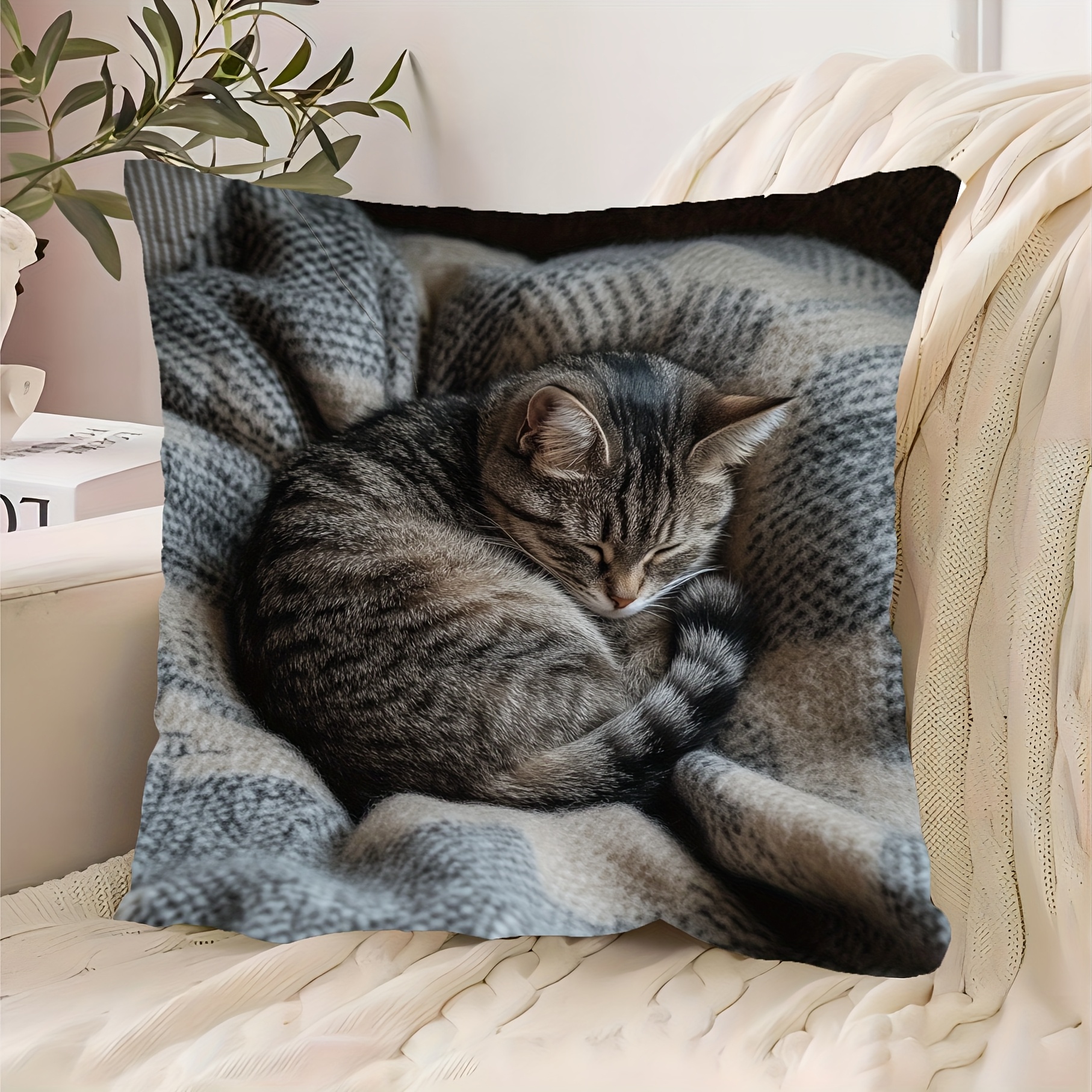 

Chic -inspired Cat Print 18x18" Plush Pillow Cover - Soft, Machine Washable For Decor (insert Not Included)