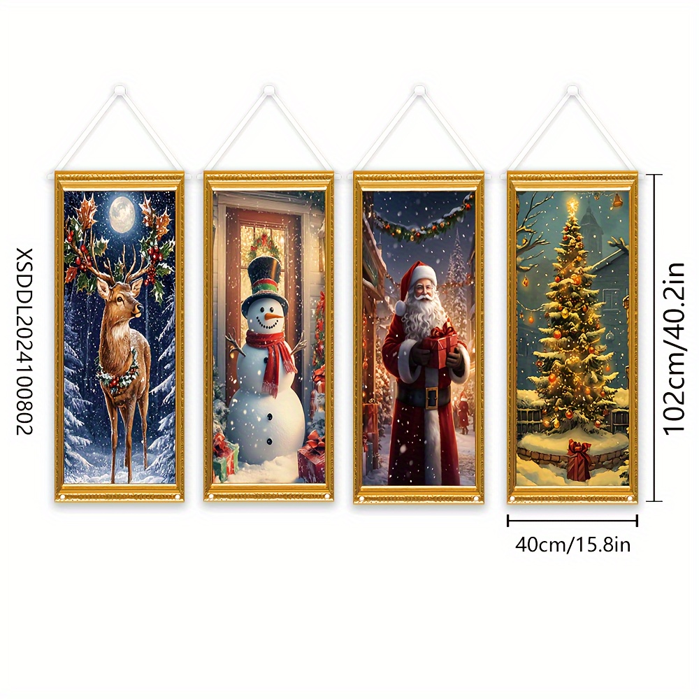 TEMU Ensemble de 4 Bannières de Porche de Noël - , de Neige, Père Noël & Arbre | Polyester , Décorations Faciles à Accrocher & l'Extérieur,