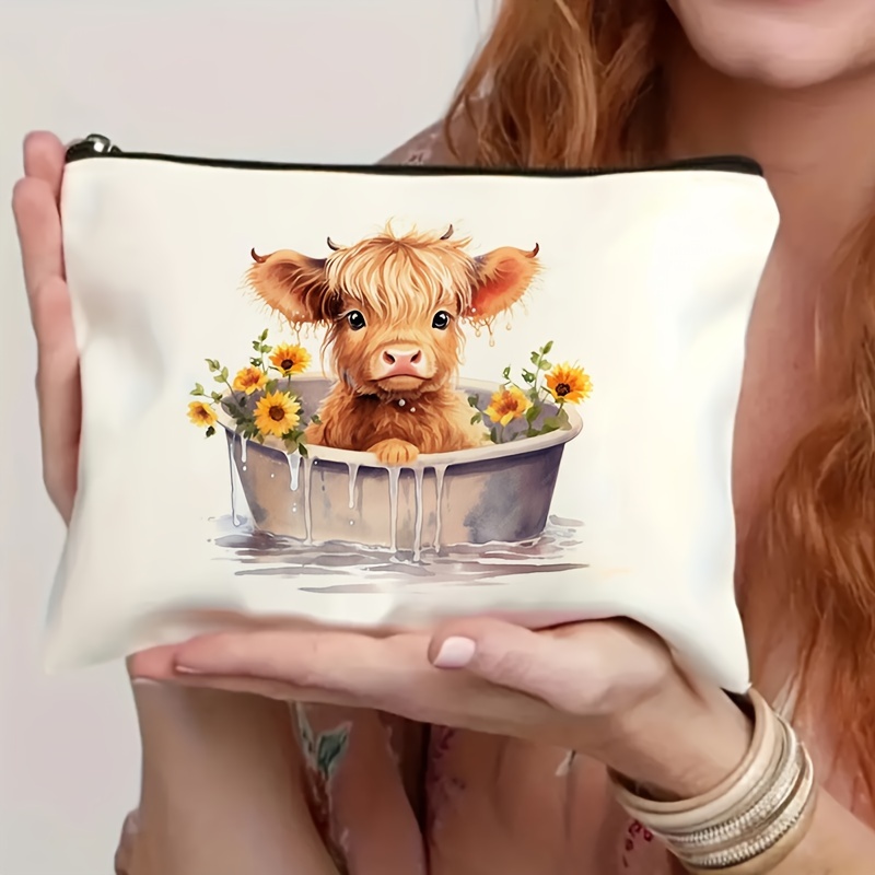 

1pc Highland Cow Makeup Bag With Sunflowers - , Polyester Material, Cream Color, Perfect Gift For Women, Accessory