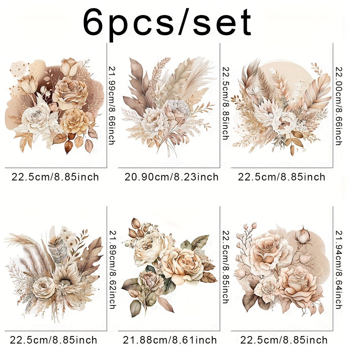 E-shop 6er-Set Elegante Boho-Blumen-DIY-Aufbügel-DTF-Transfer-Aufkleber, waschbare Wärmeübertragungs-Designs, fertig zum Aufbügeln, -Aufnäher für