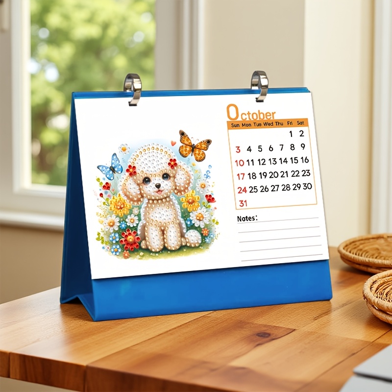 TEMU 1pc Handmade Floral Puppy Diamond Painting Desk Calendar Suitable For New Year, Christmas Gifts - 2027 Monthly Planner With English Dates,