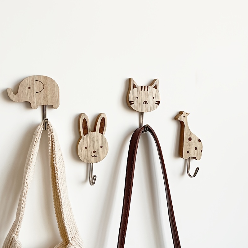 

4-pack Wooden Animal Shaped Hooks, Wall Mount, , Fashionable Storage For Coats, Towels, Scarves, Bags - Cute Elephant, Cat, Rabbit, Giraffe Design