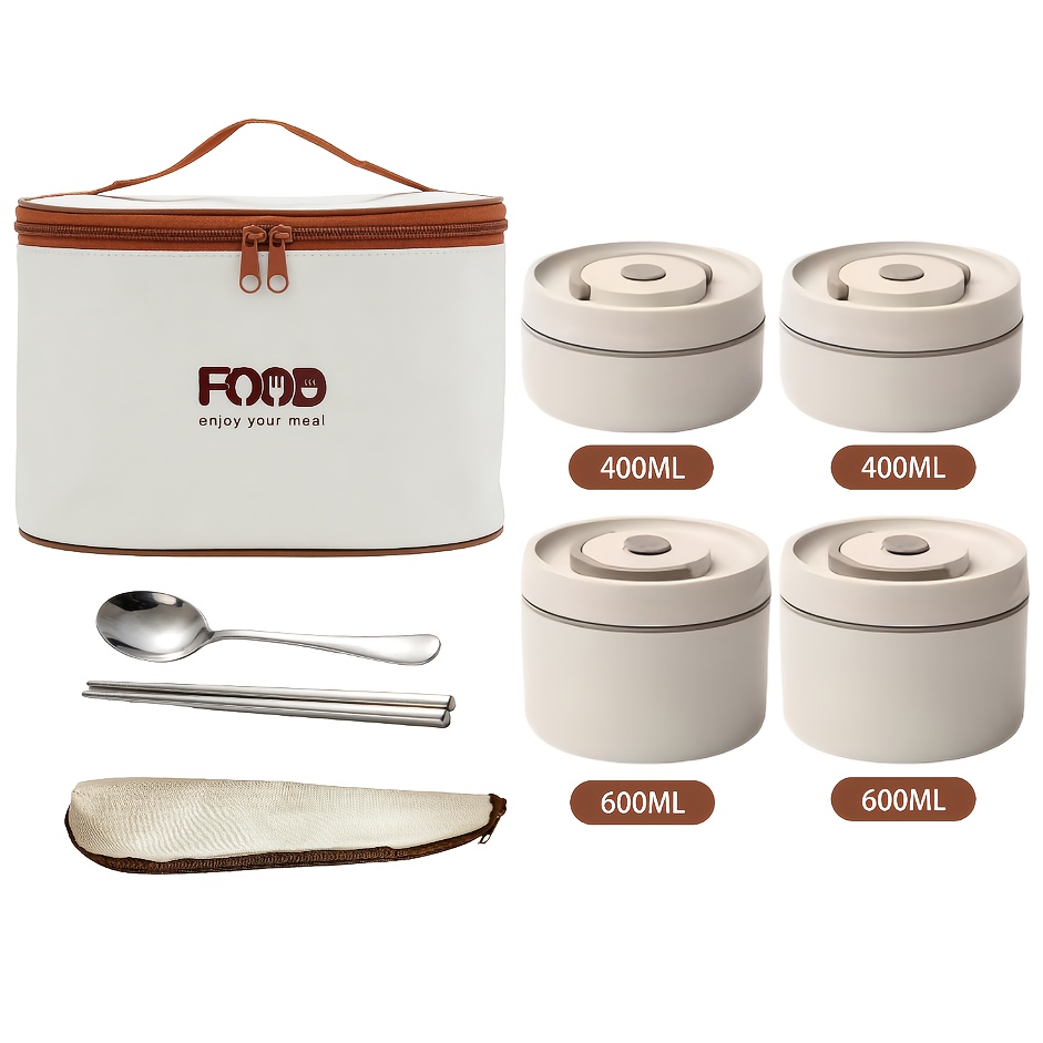 TEMU Set de boîtes-repas isothermes 4 couches en acier inoxydable 316, 400 ml x 2 et 600 ml x 2, avec sac isotherme et couverts, boîte bento portable