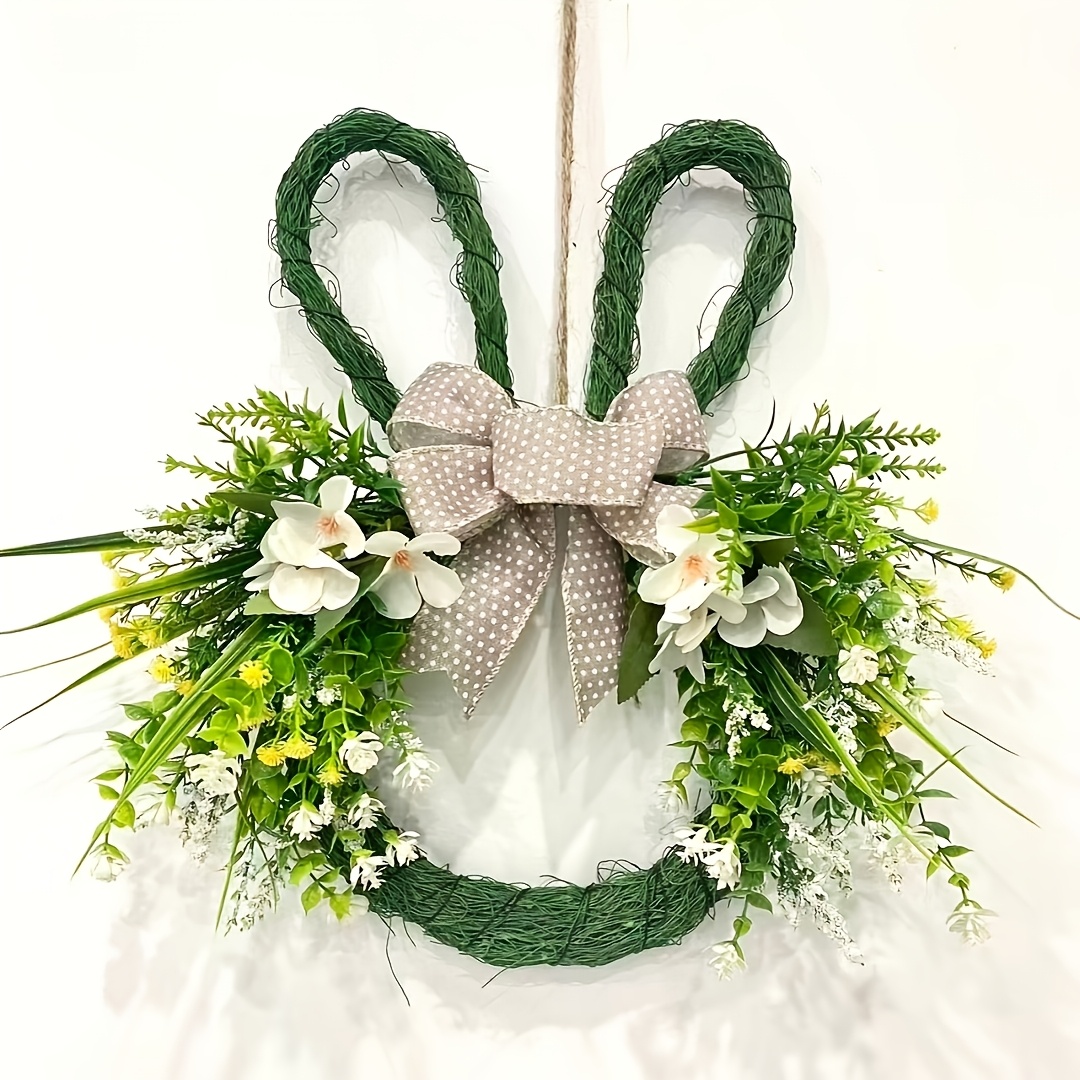 Image of 1pc Bunny Wreath | 14-inch Rabbit-shaped Wreath With Easter Eggs And Artificial Greenery, Door Mount, Farmhouse Style, Ideal For Home Entrance Decoration, Spring Decor