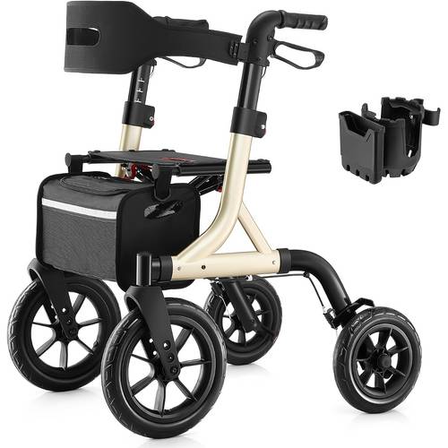 walkers for seniors rollator walker with seat 12 big rubber wheels all terrain rollator walker with backrest built in cable cup holder foldable and height adjustment for seniors