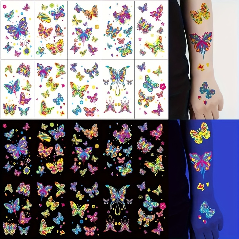 

10pcs 90 Unique Patterns, Colorful Butterfly Fluorescent Temporary Tattoo Stickers, Glow In The Dark, Fake Tattoos For Women, Party & Bar Makeup Accessory For Music Festival