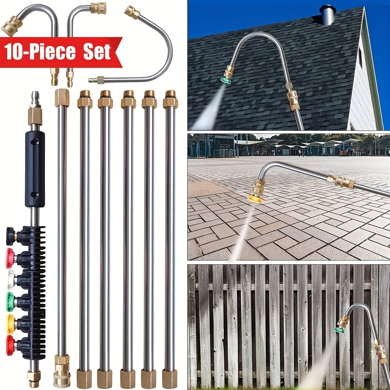 

10pcs/7pcs Set High Pressure Washer Extension Wand, 1/ 4" Quick Washer With 6 Nozzle Tips, 30°, 90°, 120° Gutter Cleaning Curved Rod, 4000 Psi, For Roof Drainage , Exterior Walls