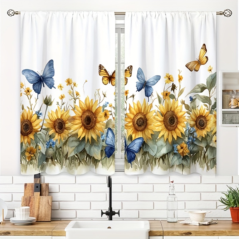 TEMU 2pcs Sunflowers And Butterflies Kitchen Curtains Small Short Cafe Window Curtains Rod Pocket Bathroom Window Drapes Tier For Room Office Bedroom