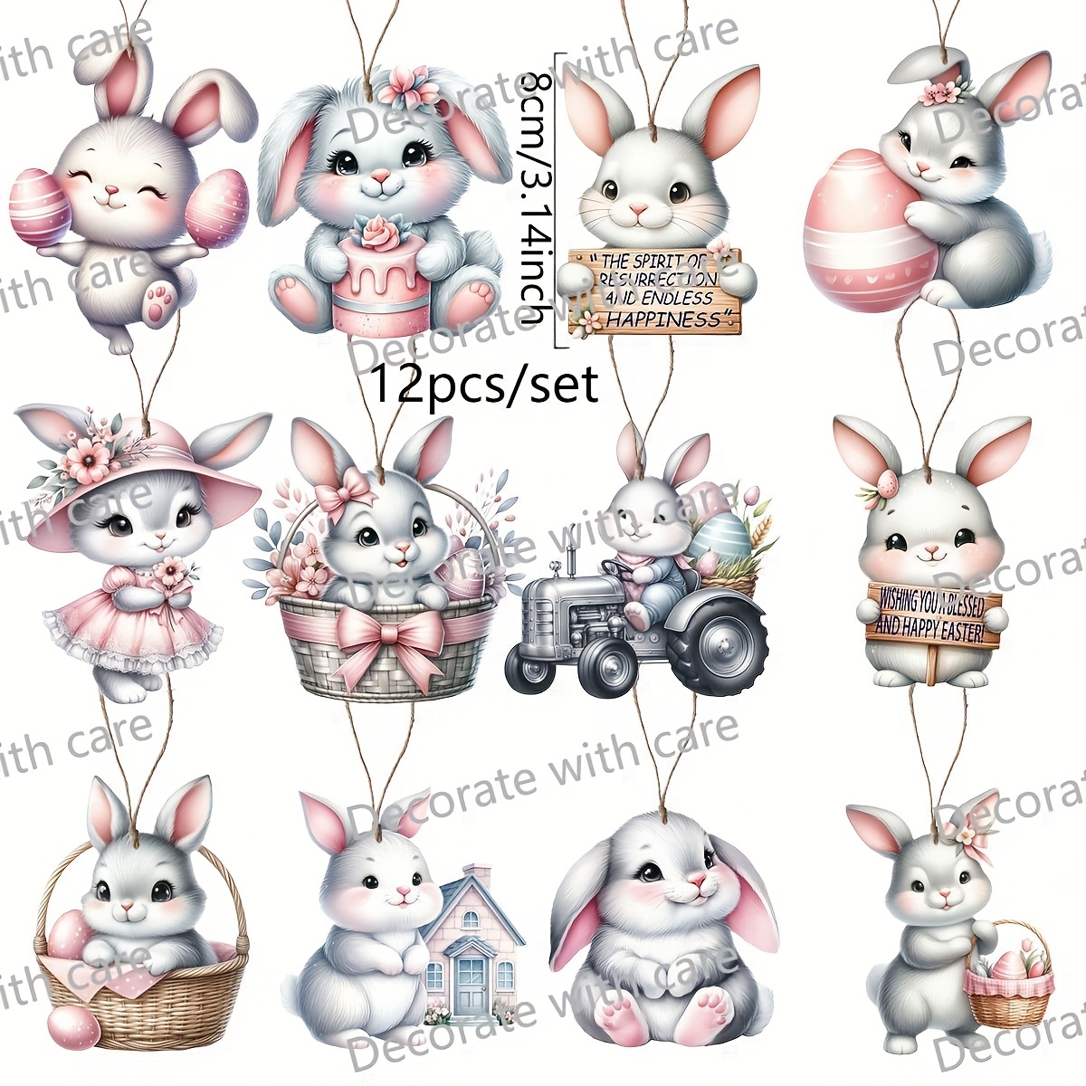 Image of 12pcs Wooden Rabbit Easter Decorations Set, Pink Animal Themed Hanging Ornaments For Home, Garden, Fence, Party - No Electricity Needed, Versatile For Valentine's Day & Universal Celebrations