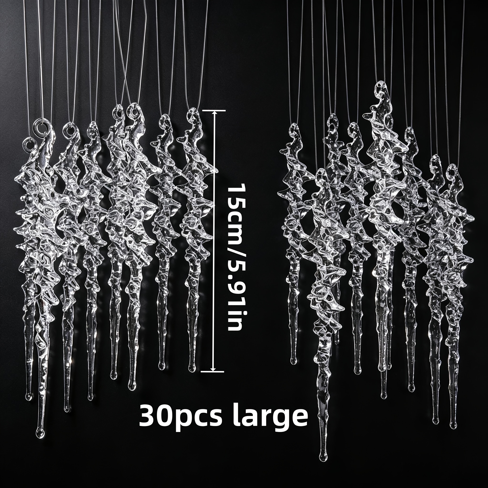 TEMU 30pcs Icicle Ornaments, Large Size Christmas Icicle Decor, Twisted Clear Icicle Hanging Pendants, Xmas Tree Winter Decoration, Fireplace Window