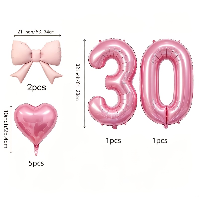 TEMU 9 ballons pour fête d'anniversaire 30 ans, 80 cm, ballons en aluminium rose avec chiffre, ballons en aluminium rose de cœur, ensemble de ballons