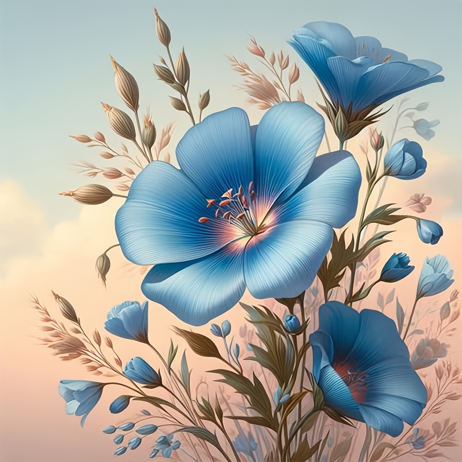 Complete DIY Cross-Stitch Starter Kit, Blue Flowers Blooming Pattern