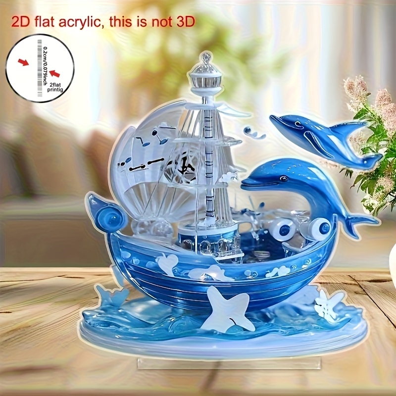 TEMU 2D-Flach, 2D-Flachpaneel, 2D-Flachpaneel-Acryl-Displayständer-Dekoration – Elegante Meereslandschaft mit Schiff, Delfinen Sternen,