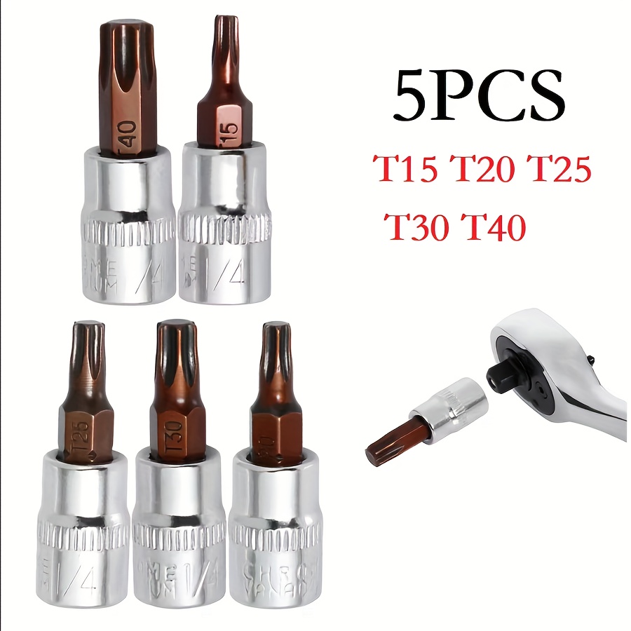5pcs Torx Screwdriver Bits, 1/4 Inch Drive, T15-t40 Sizes, Socket Wrench Adapter For Professional Mechanics And Equipment Maintenance