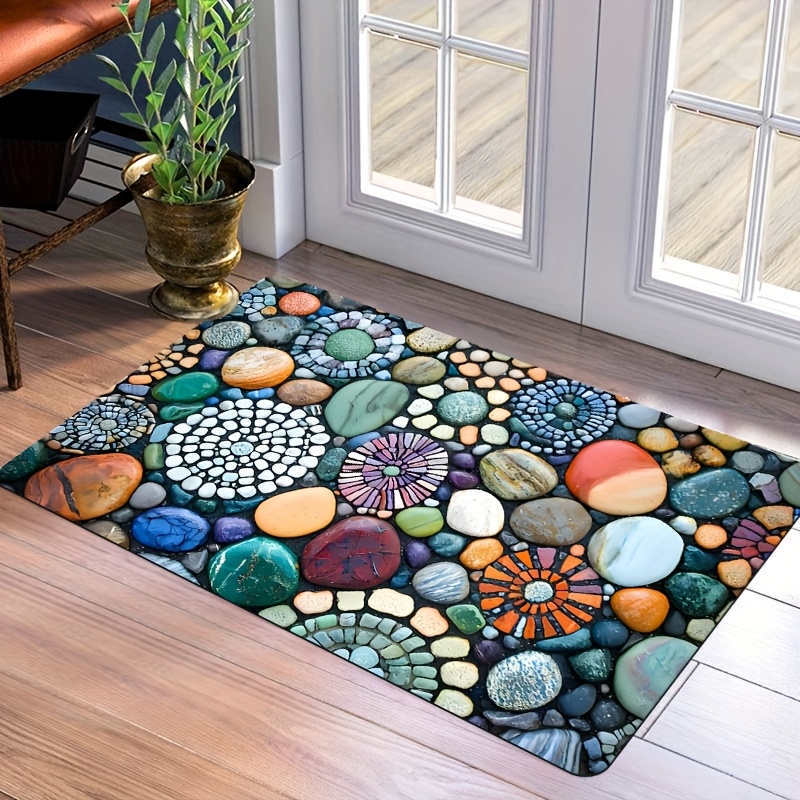TEMU 1pc Flannel Mat, Entrance Mat With Colorful Pebble Design, Durable Polyester Rug, Suitable For Indoor And Outdoor Use, Quick-drying Kitchen Mat,