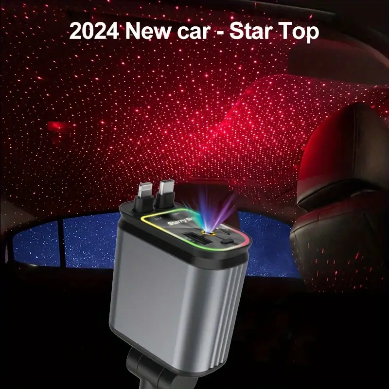 retractable car charger with star projector and flame ambient mood light 4 in 1 fast car mobile phone charger with 2 6ft retractable cable and usb c charger adapter compatible with iphones max 14 pro 11 galaxy s23 22 etc Product details 1