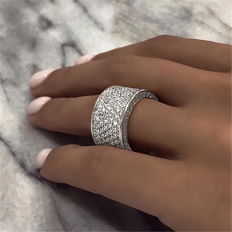 

Iced Out Shiny Zirconia Wide Band Ring Luxury Elegant Copper Finger Ring Jewelry Accessory