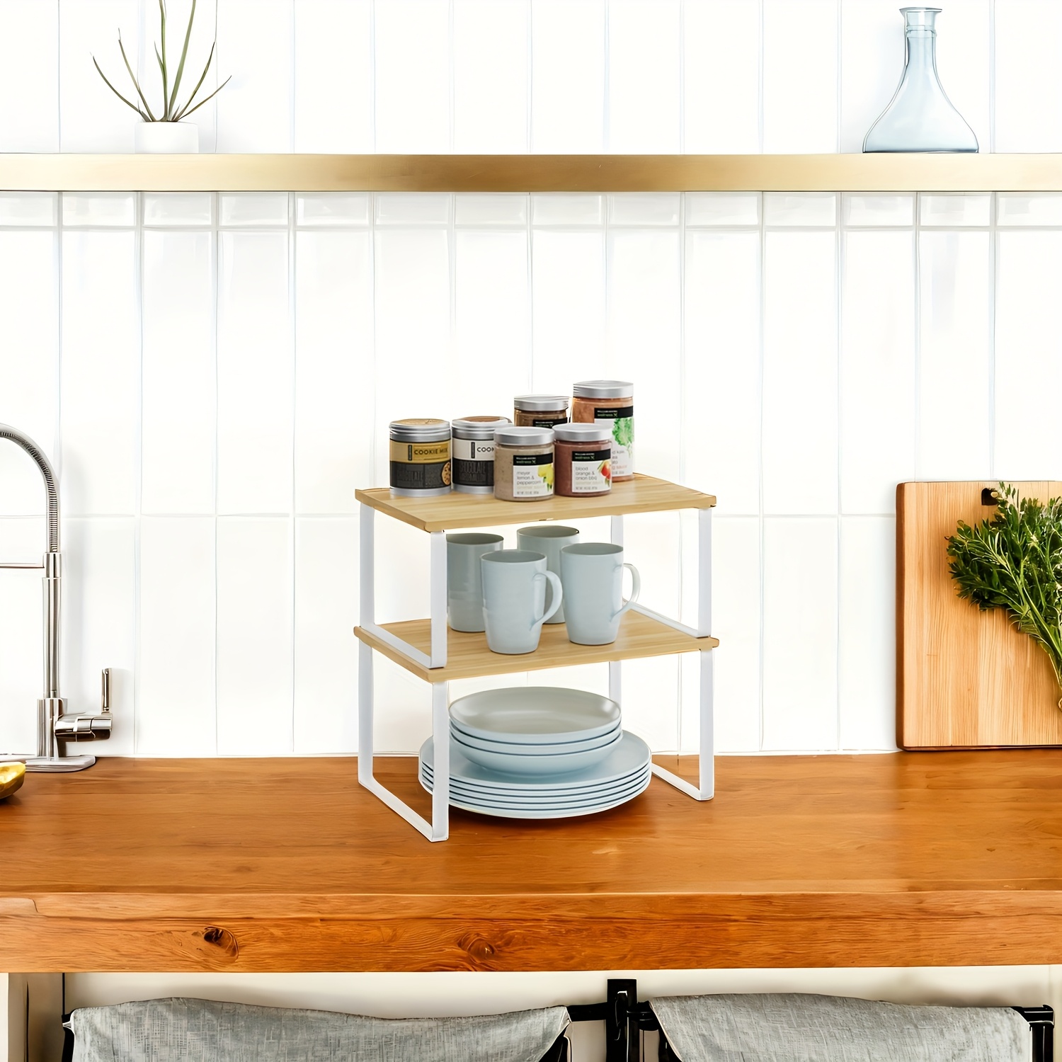 TEMU Cabinet Organizer Shelf, Set Of 2 Kitchen Counter Shelves, Kitchen Storage, Spice Rack, Stackable, Expandable, Metal And Wood, Mobile Storage