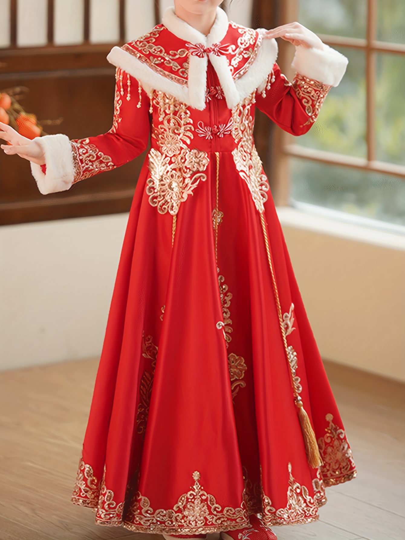 Girls' Traditional Chinese Hanfu Dress Red New Year's Tang Suit  with Pleated Skirt, Long Sleeve High Neck, Polyester, Ancient Style for  Autumn