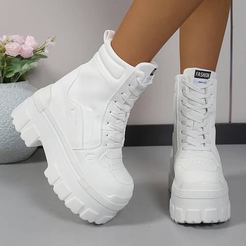 womens wide fit height increase platform boots 9cm lift thick sole round toe high top lace up ankle boots suitable for commuting sole casual sneakers black white women shoes