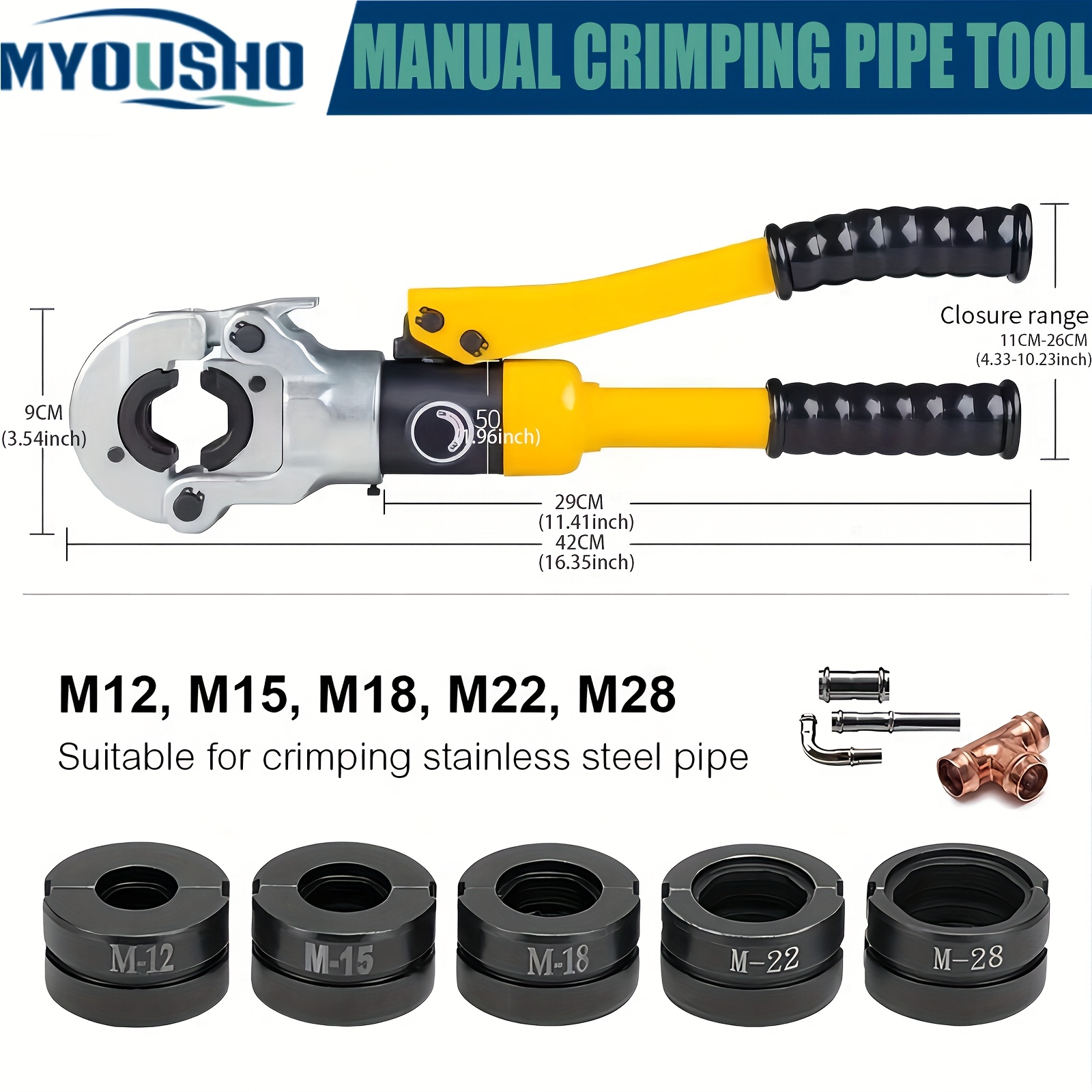 Image of Myousho Manual Hydraulic Pliers Stainless Steel Pipe Gripper With Insulated Handle 5 Sets Of Dies Integrated Pipe Pressing Tool