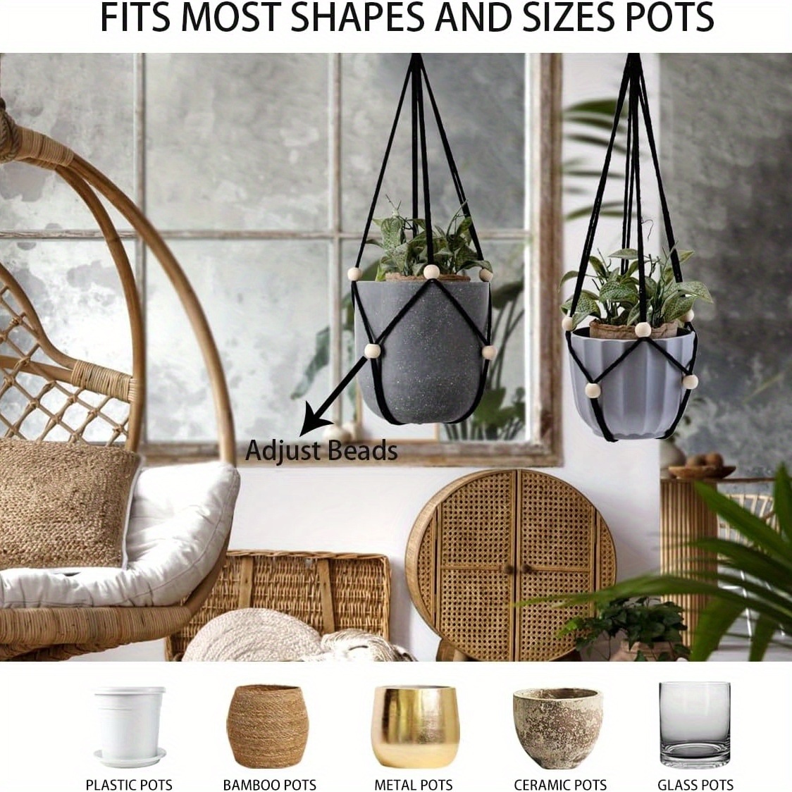 2pcs black hanging planter for indoor plants macrame plant hanger large  hanging plant holder basket with adjustable beads outdoor window boho plant  wall decor | Free Shipping On Items Shipped From Temu |
