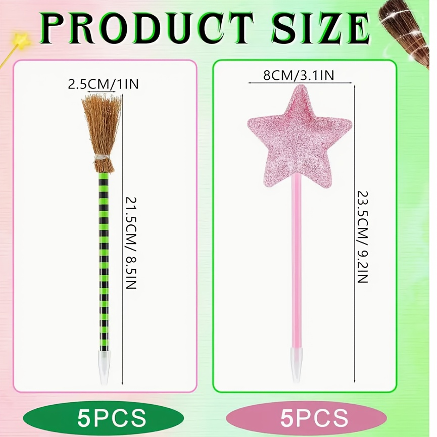 TEMU 10 Princess And Witch Pens, Pink Starry Sparkle Wands, And Green Witch Broom Pens | Back-to-school Rewards Halloween Party Decoration Gifts