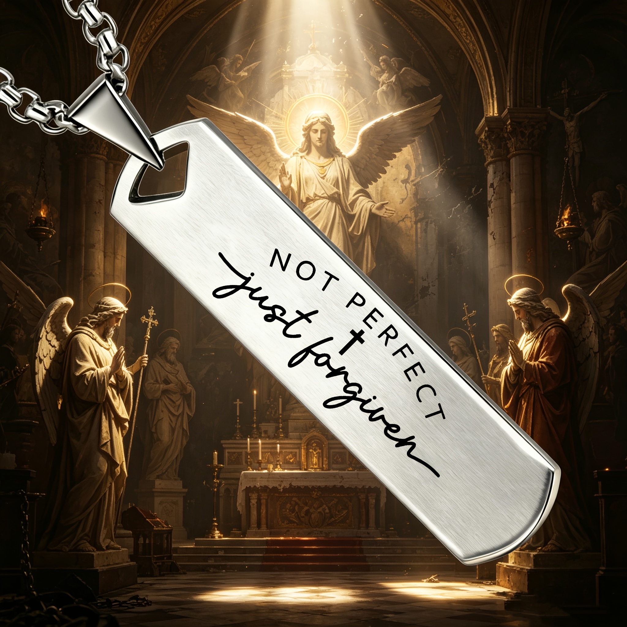 "NOT PERFECT, Just Forgiven" Cross Pattern Pendant Necklace
