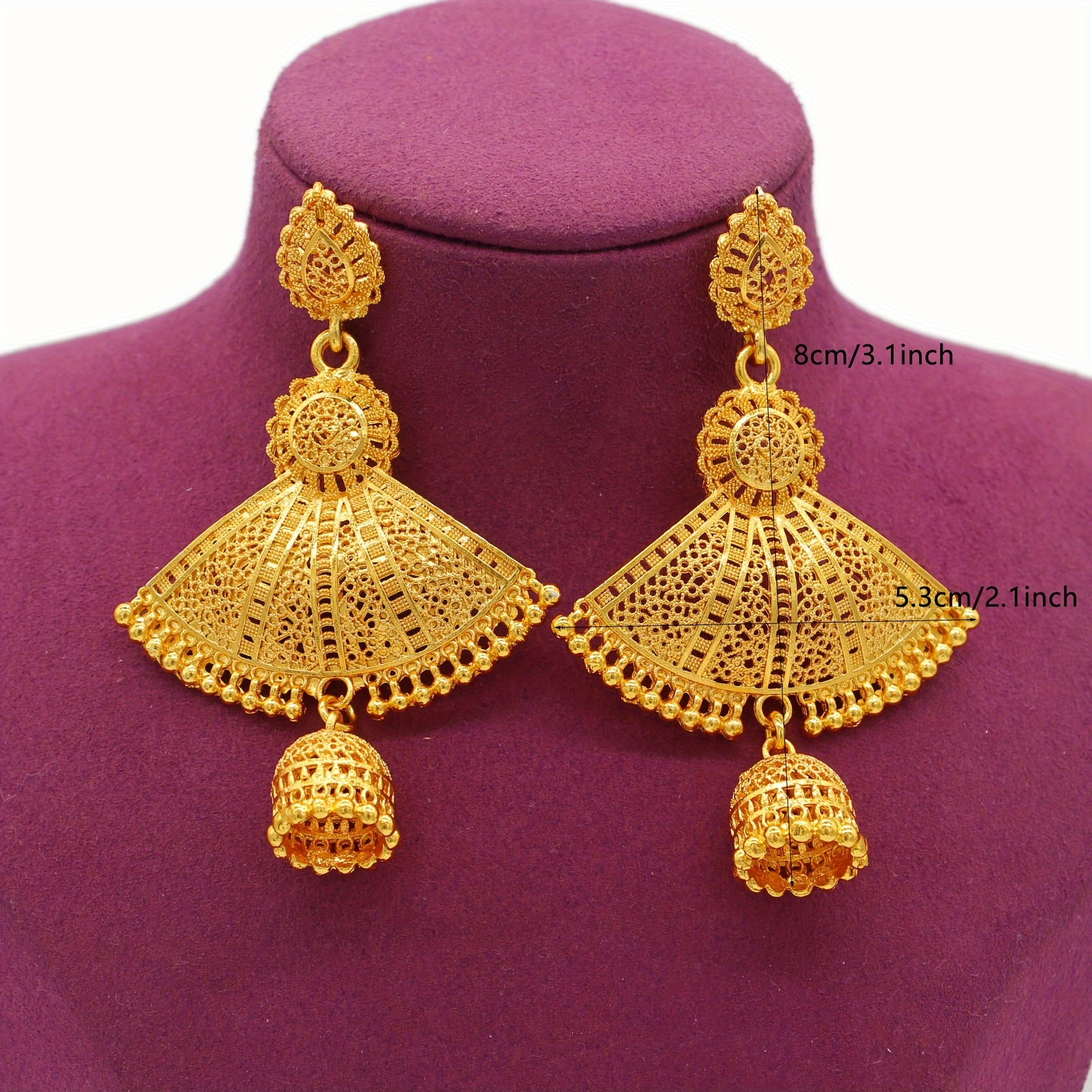 Women's Gold-Plated Fan Shape Earrings, Middle Eastern Style