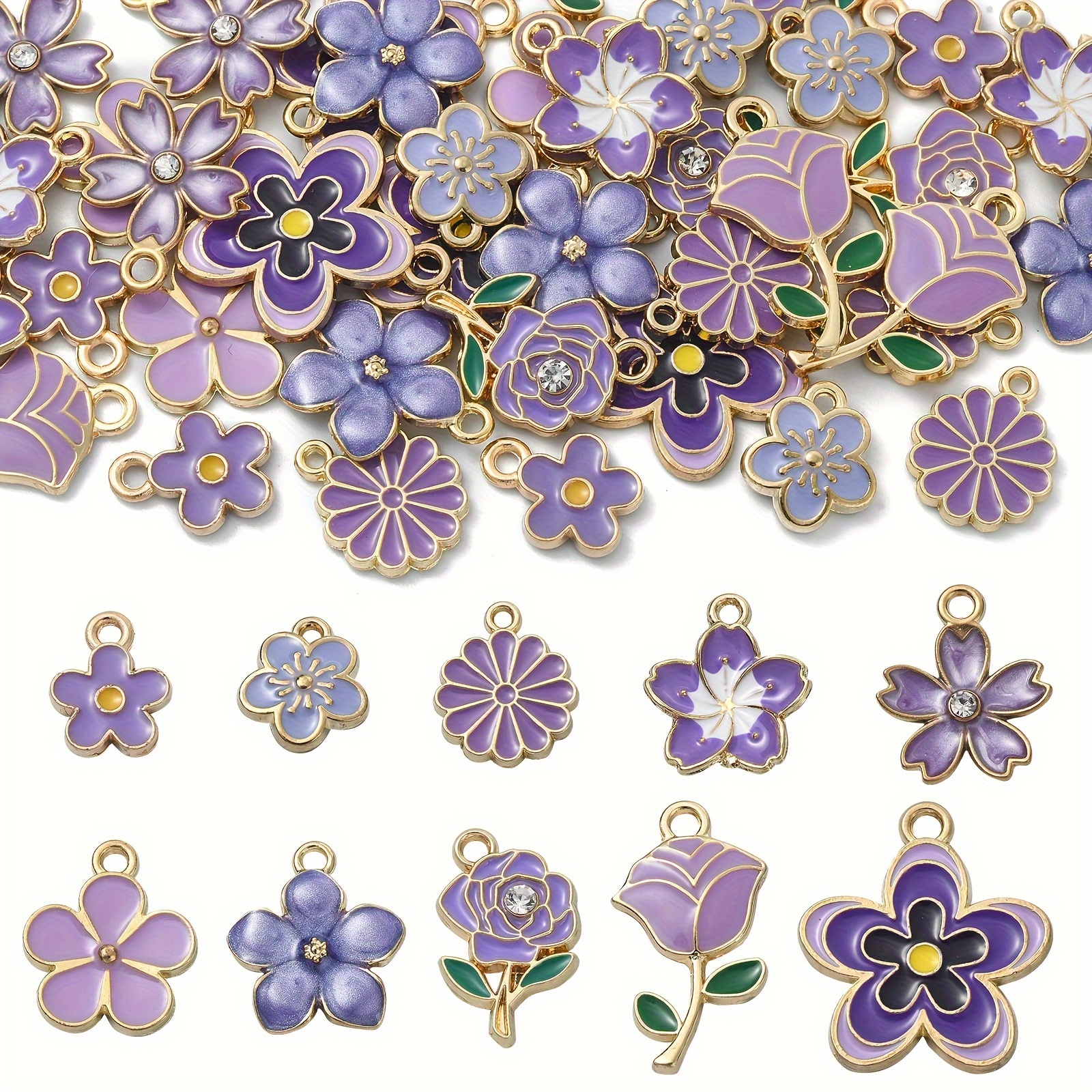 

40pcs Purple Enamel Flower Charms Set, Assorted Diy Pendant Drops For Jewelry Making, Craft Supplies With Oil Drip Design, Mixed Sizes & Styles