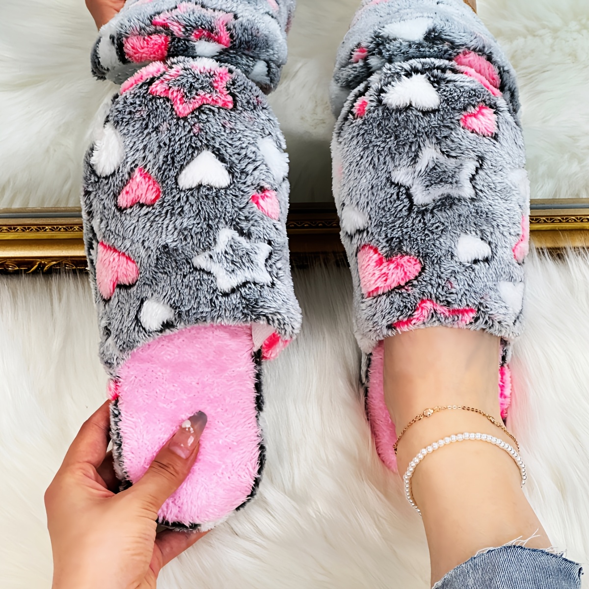 Image of Autumn/winter Women's Home Slippers, Colorful Heart And Star Bedroom Warm Slippers, Lightweight Shoes, Holiday Gift For, Women Shoes